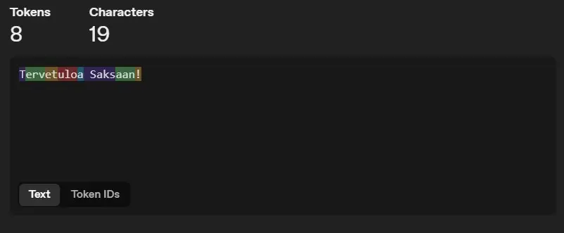 Kuvakaappaus OpenAI:n tokenoijasta, tekstin "Tervetuloa Helsinkiin!" tokenien lukumäärä