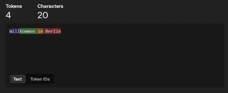 Die Anzahl von Tokens und Zeichen im Satz Willkommen in Berlin!